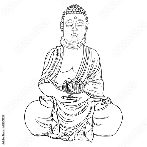 Buddha spiritual portrait. Bodhisattva. Gautama Buddha sitting in lotus pose and meditating. Indian spiritual teacher, Buddhism religious leader. Yoga zen club design. Vector.