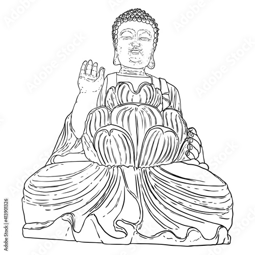 Buddha meditation and portrait. Drawing for Vesak Purnima day, traditional Buddhists holiday for Hindus. The festival of birth, enlightenment, and death of Buddha. Vector.