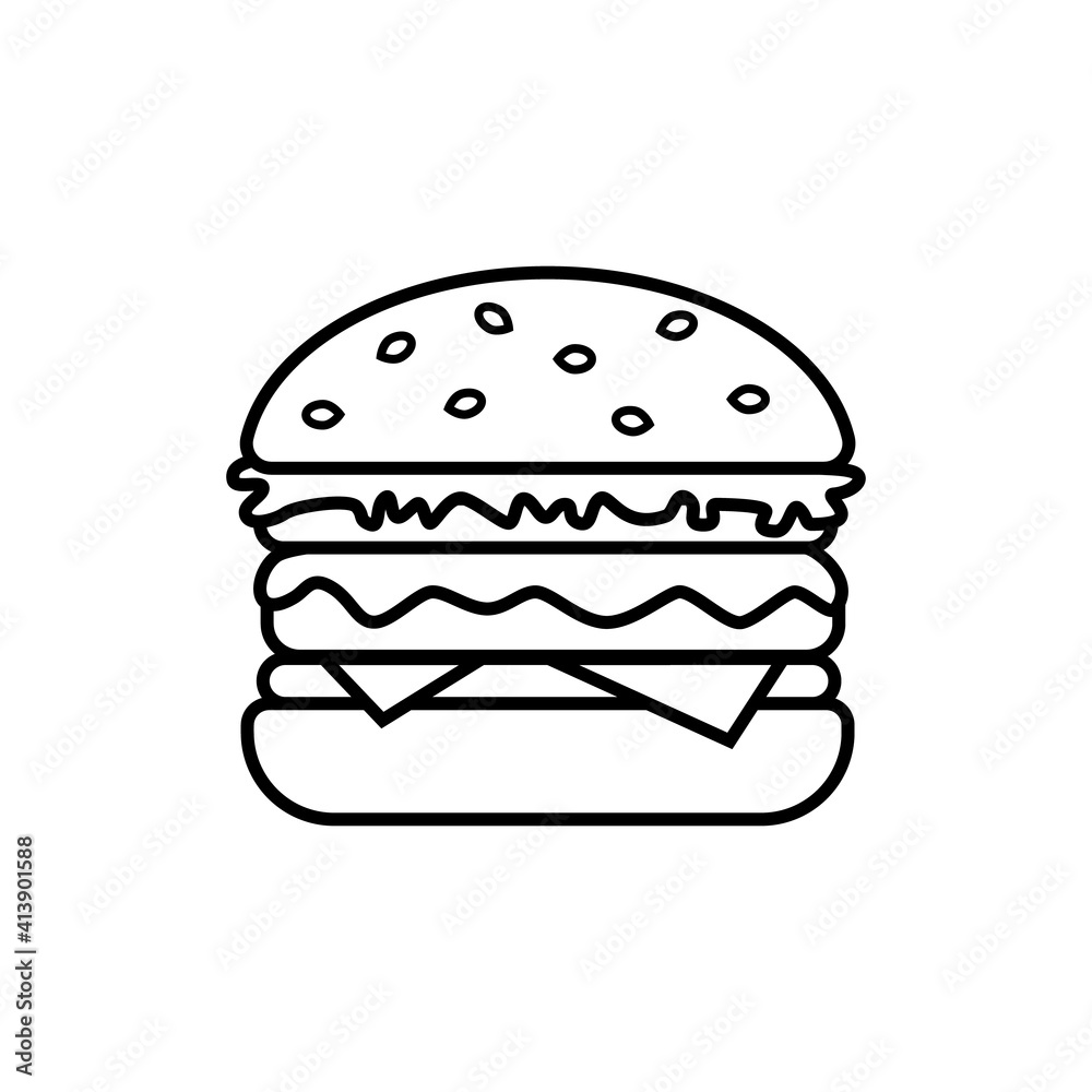 Burger icon with cheese, lettuce, sesame bun, isolated on white background. Hamburger, cheeseburger, fast street food concept. Vector illustration Burger icon with cheese, lettuce, sesame bun, isolated on white background. Hamburger, cheeseburger, fast street food concept. Vector illustration