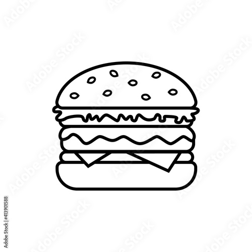 Burger icon with cheese, lettuce, sesame bun, isolated on white background. Hamburger, cheeseburger, fast street food concept. Vector illustration