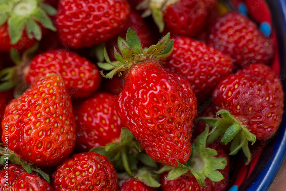 Close-up of fresh harvested strawberries in container Close-up of fresh harvested strawberries in container