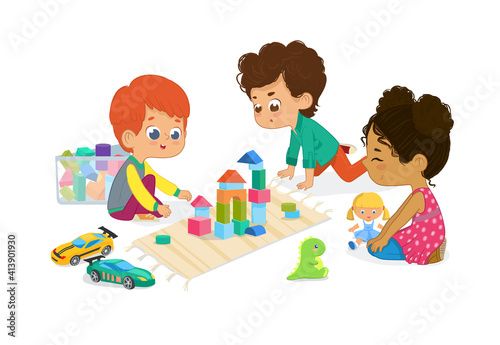 Children sit in circle and play with toys in the kindergarten classroom, play with wooden toy blocks, cars, doll and laugh. Learning through entertainment concept. Vector illustration for flyer
