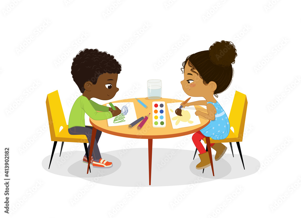African American Boy and Girl sit at the round table and draw picture with watercolor and pencils. Drawing activity in the art class. Boy and Girl Draw Pictures with paints and pencils. Poster with