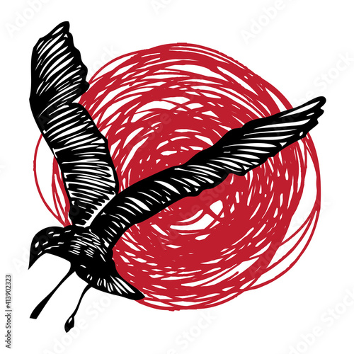 Minimalistic nautical design of ocean emblem with seagull bird at sunset. Stroke silhouette of flying sea gull bird on coast sun set. Concept of tropical exotic nature seascape, Sail tourism. Vector.