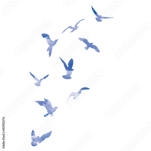 Watercolour silhouette of flying birds seagulls on white background. Inspirational body flash tattoo ink of sea birds. Vector. © desertsands