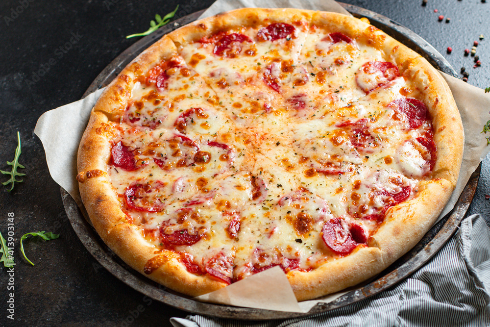 pizza pepperoni or salami meat sausage and double cheese fast food Takeaway ready to eat on the table meal snack outdoor top view copy space for text food background rustic image pizza pepperoni or salami meat sausage and double cheese fast food Takeaway ready to eat on the table meal snack outdoor top view copy space for text food background rustic image