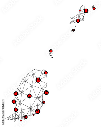 Polygonal mesh lockdown map of Grenada Islands. Abstract mesh lines and locks form map of Grenada Islands. Vector wire frame 2D polygonal line network in black color with red locks.