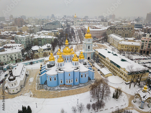 Snow-covered St. Michael's Cathedral. Aerial drone view. Winter snowy day.