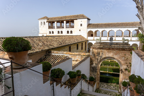 view of the Generalife Palace and grounds in the Alhambra Palace complex above Granada