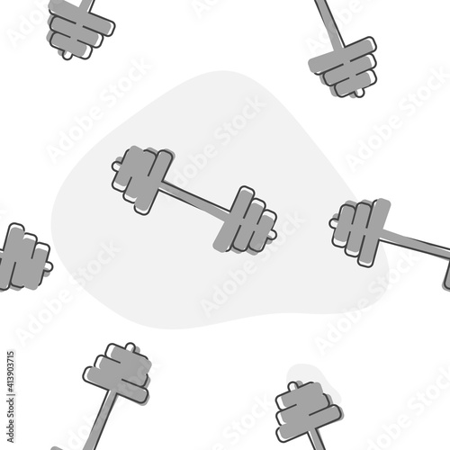 Vector image dumbbells cartoon style on seamless pattern on a white background.