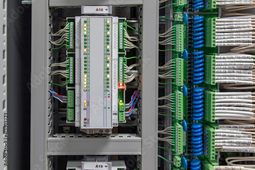 Automatic control systems close-up. Components and Controls for Process Control and Industrial Automation Solutions Fiber Optic Networking Equipment.