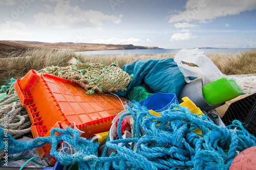 Plastic rubbish washed ashore in Glen Brittle, Isle of skye, Scotland, UK. photo