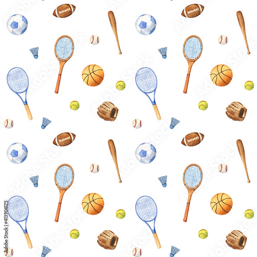 Sports equipment set: rugby, tennis, badminton, basketball, soccer and baseball. Seamless pattern. Watercolor illustration on white isolated background. Vintage style.