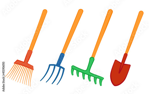 A set of garden tools: pitchfork, shovel, broom, rake. Colored vector illustration. Can be used to create patterns, decorate thematic banners, illustrate sites, articles, postcards
