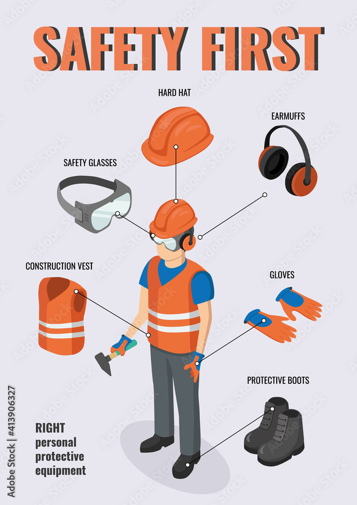 Work safety. Isometric Construction worker wearing hard hat, gloves