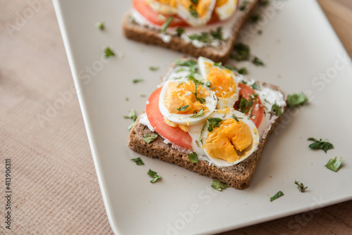 bruschetta with tomato and eggs isolated on plate.