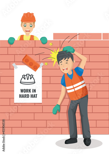 Work safety. Flat vector poster about work accident. Collision with falling brick. Work in hard hat. Personal protective equipment. PPE. Right uniform