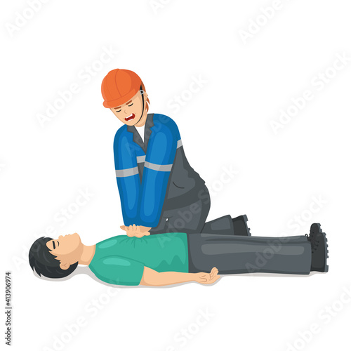 Work safety and accident. First aid, heart massage, artificial respiration.  Industrial safety. Vector cartoon.
