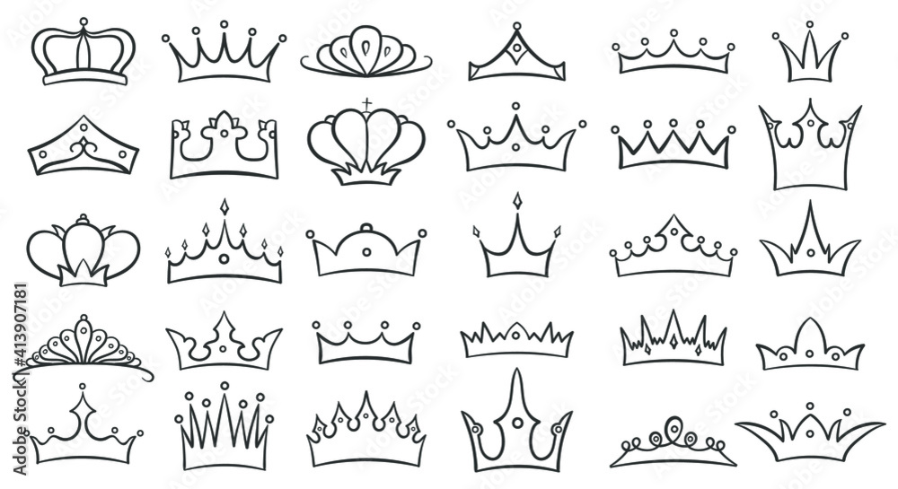 Hand drawn crown. Queen and king, princess and prince crowns sketch ...