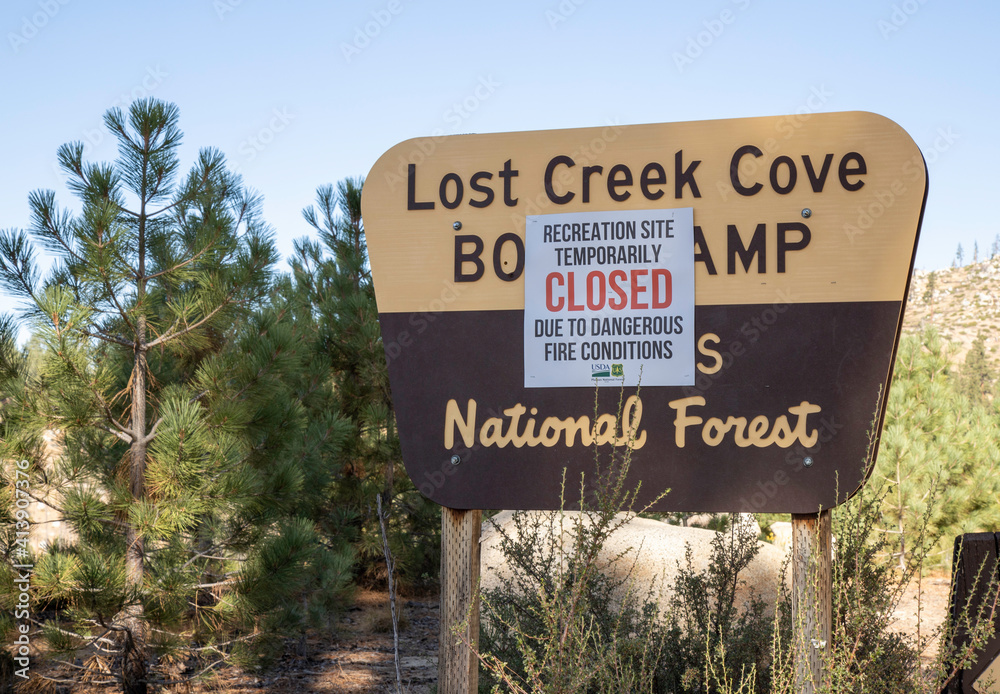 PLUMAS COUNTY, CALIFORNIA - SEPTEMBER 10, 2020 - Sign indicates closure of the Lost Creek Boat Ramp at Antelope Lake due to statewide forest closures do to numerous wildfires across the state.