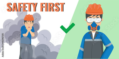 Work safety. Flat vector banner about work accident. Worker in uniform doesn't use a mask in case of gas leak or smoke. Right uniform. Personal protective equipment. PPE