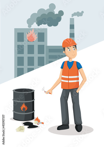 Work safety. Flat vector poster about work accident. Worker in uniform is throwing a cigarette near flammable barrel of oil. 