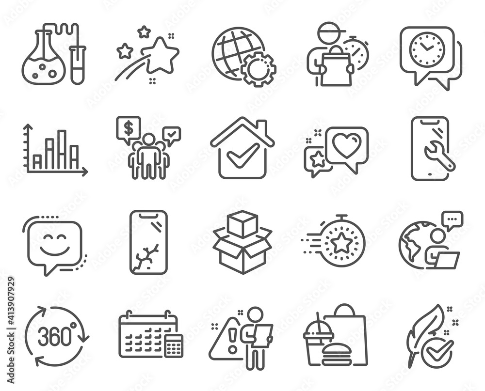 Technology icons set. Included icon as Clock, Smile face, Globe signs. Diagram graph, Timer, Chemistry lab symbols. Calendar, Smartphone repair, Hypoallergenic tested. Packing boxes, Heart. Vector Technology icons set. Included icon as Clock, Smile face, Globe signs. Diagram graph, Timer, Chemistry lab symbols. Calendar, Smartphone repair, Hypoallergenic tested. Packing boxes, Heart. Vector