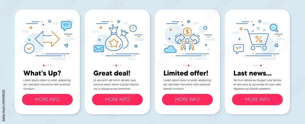 Set of Business icons, such as Sync, Loyalty points, Sharing economy symbols. Mobile app mockup banners. Loan percent line icons. Synchronize, Money bags, Share. Shopping cart. Sync icons. Vector