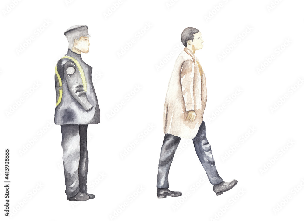 Watercolor man illustration. Hand drawn hand painted walking man. Realistic people City life Human Town people Tiny people isolated on white High resolution Watercolor man illustration. Hand drawn hand painted walking man. Realistic people City life Human Town people Tiny people isolated on white High resolution