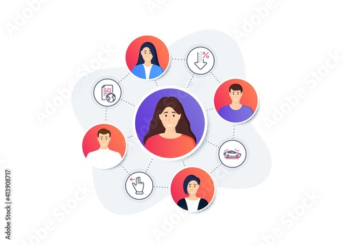 Set of Business icons, such as Low percent, Internet document, Car symbols. Online team work banner. Employee remote job. Touchscreen gesture line icons. Discount, Web page, Transport. Vector
