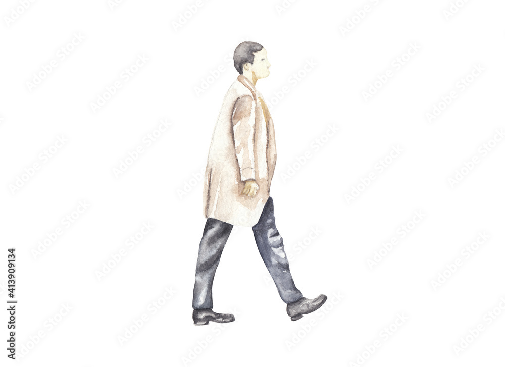 Watercolor man illustration. Hand drawn hand painted walking man. Realistic people City life Human Town people Tiny people isolated on white High resolution
