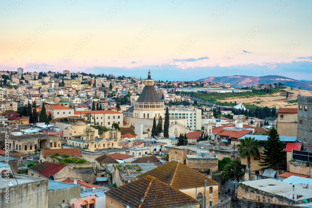 Basilica of the Annunciation, view of Nazareth, Israel. Basilica of the Annunciation, view of Nazareth, Israel.