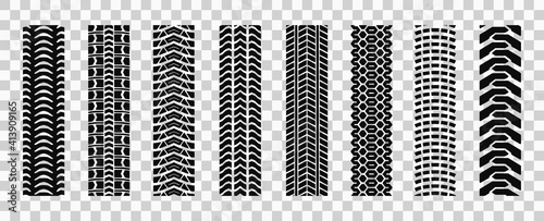 Machinery tires track set, tire ground imprints isolated, vehicles tires footprints, tread brushes, seamless transport ground trace or marks textures, wheel treads - vector