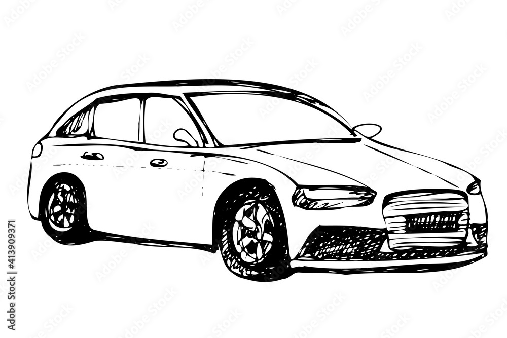 Hand drawn car sketch. Car abstract vector design concept. View of hand drawn car model.