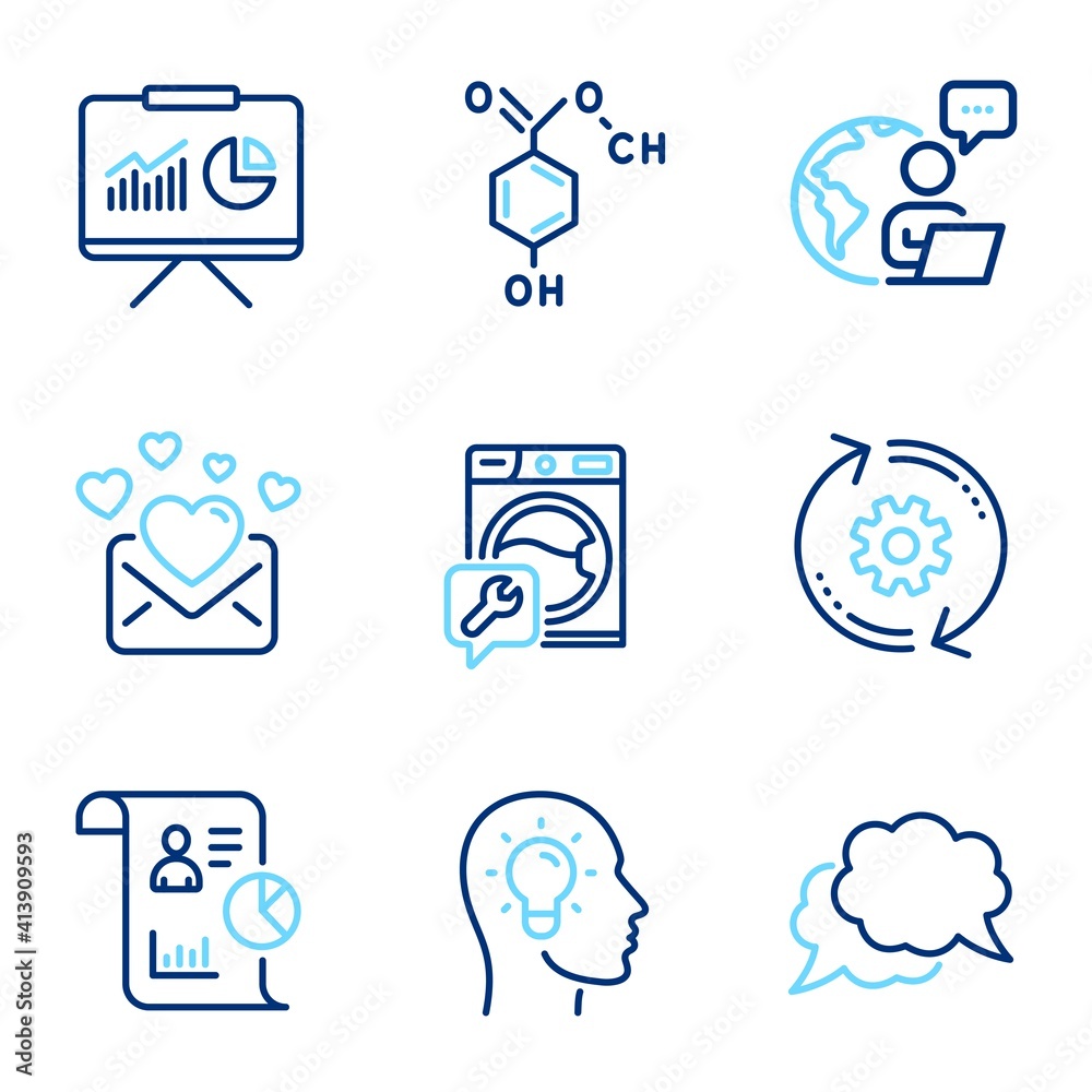 Technology icons set. Included icon as Love mail, Chemical formula, Idea head signs. Report, Cogwheel, Washing machine symbols. Chat message, Presentation line icons. Line icons set. Vector Technology icons set. Included icon as Love mail, Chemical formula, Idea head signs. Report, Cogwheel, Washing machine symbols. Chat message, Presentation line icons. Line icons set. Vector