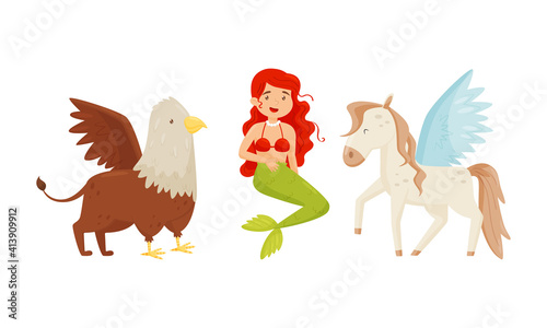 Mermaid and Winged Horse Pegasus as Mythological and Fairy Creature Vector Set