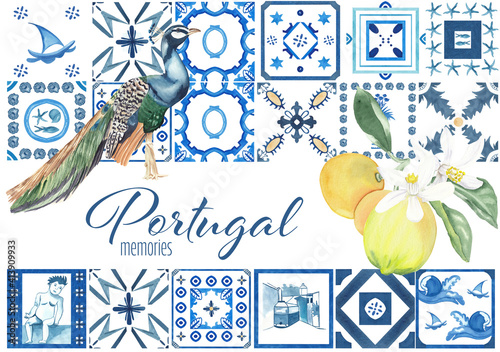 Watercolor hand painted illustration with azulejo tiles, peacock and citrus blossom Blue, yellow, green colors Portugal summer Traditional wall decoration Travel poster photo