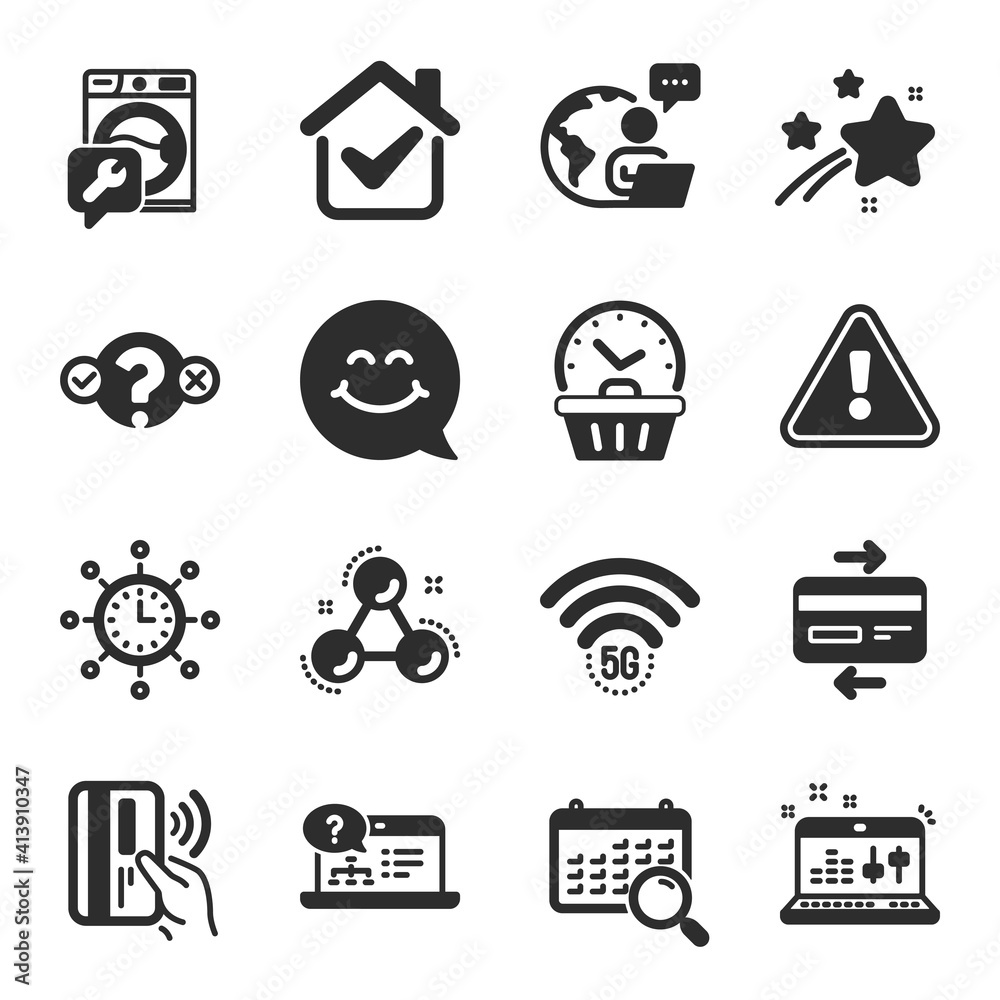 Set of Technology icons, such as 5g wifi, World time, Last minute symbols. Chemistry molecule, Contactless payment, Quiz test signs. Search calendar, Credit card, Sound check. Online help. Vector Set of Technology icons, such as 5g wifi, World time, Last minute symbols. Chemistry molecule, Contactless payment, Quiz test signs. Search calendar, Credit card, Sound check. Online help. Vector