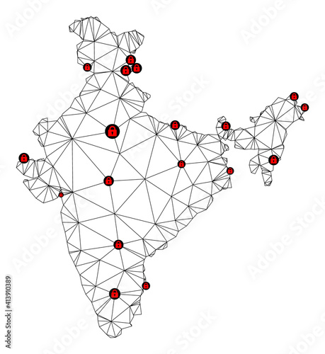 Polygonal mesh lockdown map of India. Abstract mesh lines and locks form map of India. Vector wire frame 2D polygonal line network in black color with red locks. Frame model for quarantine templates. photo