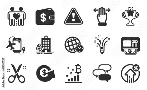 Friends couple, Skyscraper buildings and Inspiration icons simple set. Atm, 5g upload and Dollar wallet signs. Time zone, Bitcoin graph and Flights application symbols. Flat icons set. Vector
