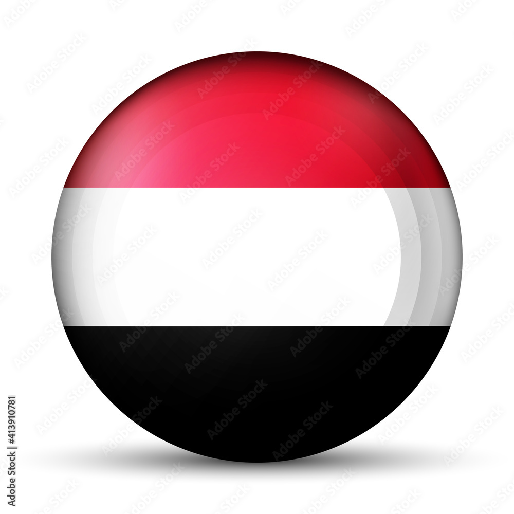 Glass light ball with flag of Yemen. Round sphere, template icon. National symbol. Glossy realistic ball, 3D abstract vector illustration highlighted on a white background. Big bubble. Glass light ball with flag of Yemen. Round sphere, template icon. National symbol. Glossy realistic ball, 3D abstract vector illustration highlighted on a white background. Big bubble.