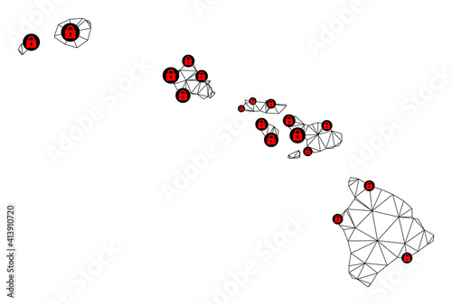 Polygonal mesh lockdown map of Hawaii State. Abstract mesh lines and locks form map of Hawaii State. Vector wire frame 2D polygonal line network in black color with red locks.