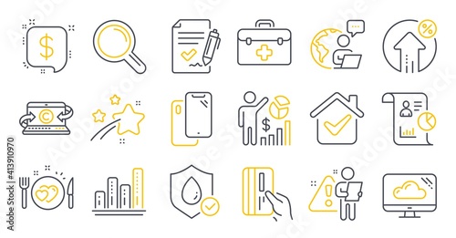 Fototapeta Naklejka Na Ścianę i Meble -  Set of Business icons, such as Smartphone, Cloud storage, Payment message symbols. Report, Graph chart, First aid signs. Romantic dinner, Seo statistics, Copywriting notebook. Loan percent. Vector