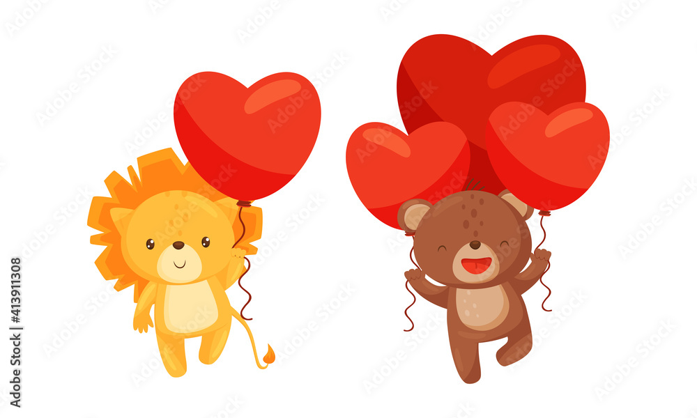 Maned Lion and Bear Holding Red Heart Shaped Toy Balloon Vector Set Maned Lion and Bear Holding Red Heart Shaped Toy Balloon Vector Set