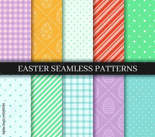 Easter seamless Patterns set. Endless texture for web, wrapping paper. Eggs, Gingham, Polka Dot and Striped pattern designs collection. Pattern templates in Swatches panel, easy to change in one click