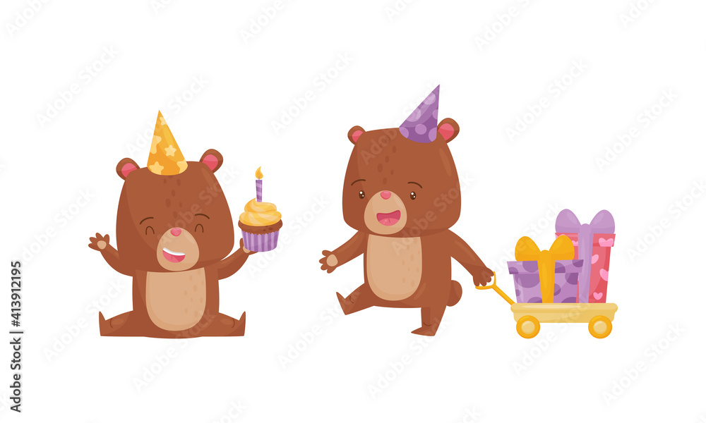 Obraz premium Funny Brown Bear Wearing Birthday Hat Holding Cupcake and Pulling Trolley with Wrapped Gift Boxes Vector Set