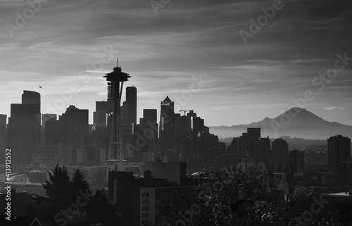 Downtown Seattle Sunrise with the Space needle, and Mount Rainier. photo