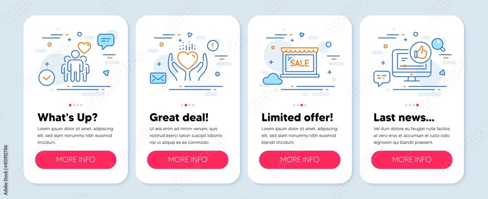 Set of Business icons, such as Hold heart, Sale, Friendship symbols. Mobile screen mockup banners. Like video line icons. Care love, Shopping store, Trust friends. Thumbs up. Hold heart icons. Vector