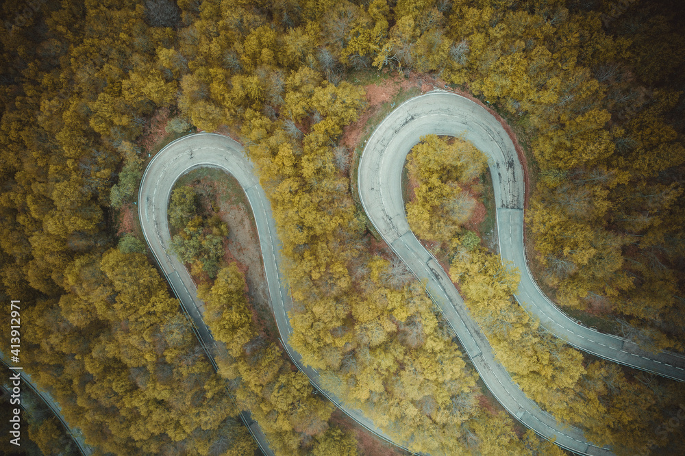 two curves from aerial view in Picos de Europa two curves from aerial view in Picos de Europa