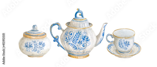 A set of ceramic dishes. Watercolor illustration. Dishes for tea drinking. Painted tableware. Blue patterns of plants. Drawn cup, teapot, sugar bowl. A set of openwork dishes. Painting on dishes